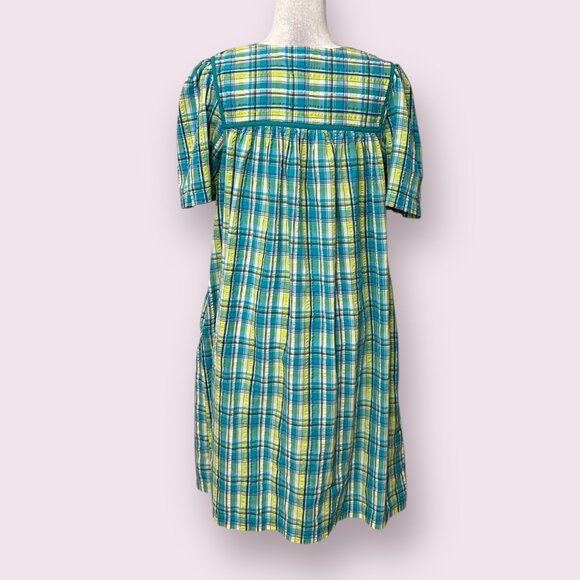 Go Softly Patio Women's Sleepwear Dress Green Plaid Short Sleeve Snap Size M - Picture 2 of 11